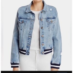 Pistola Brando Light Wash Denim Bomber Jacket Striped Ribbed Trim